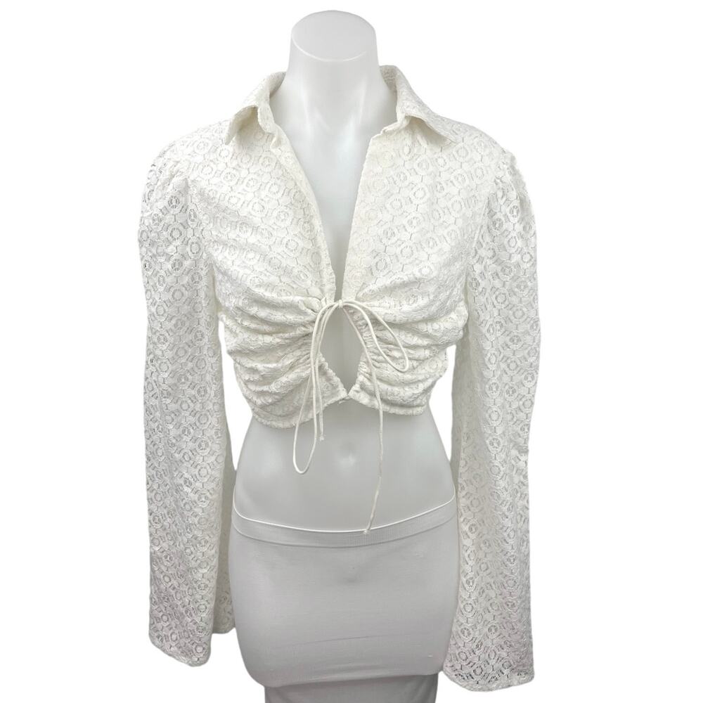 NEW NA-KD White Trumpet Long Sleeve Lace Tie V-Neck Collar Crop Top Blouse Sz 6